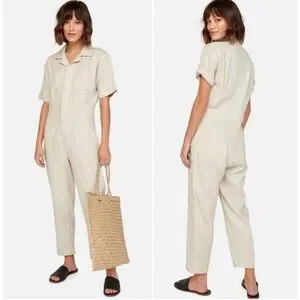 日本未入荷!! ◆MATE the Label◆ Linen Short Sleeve Jumpsuit Mate the Label Women's Washed Blue Linen Short Sleeve